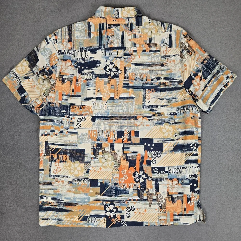 Tommy Bahama Shirt Mens Large 100% Silk Camp New York City AOP Print Hawaiian